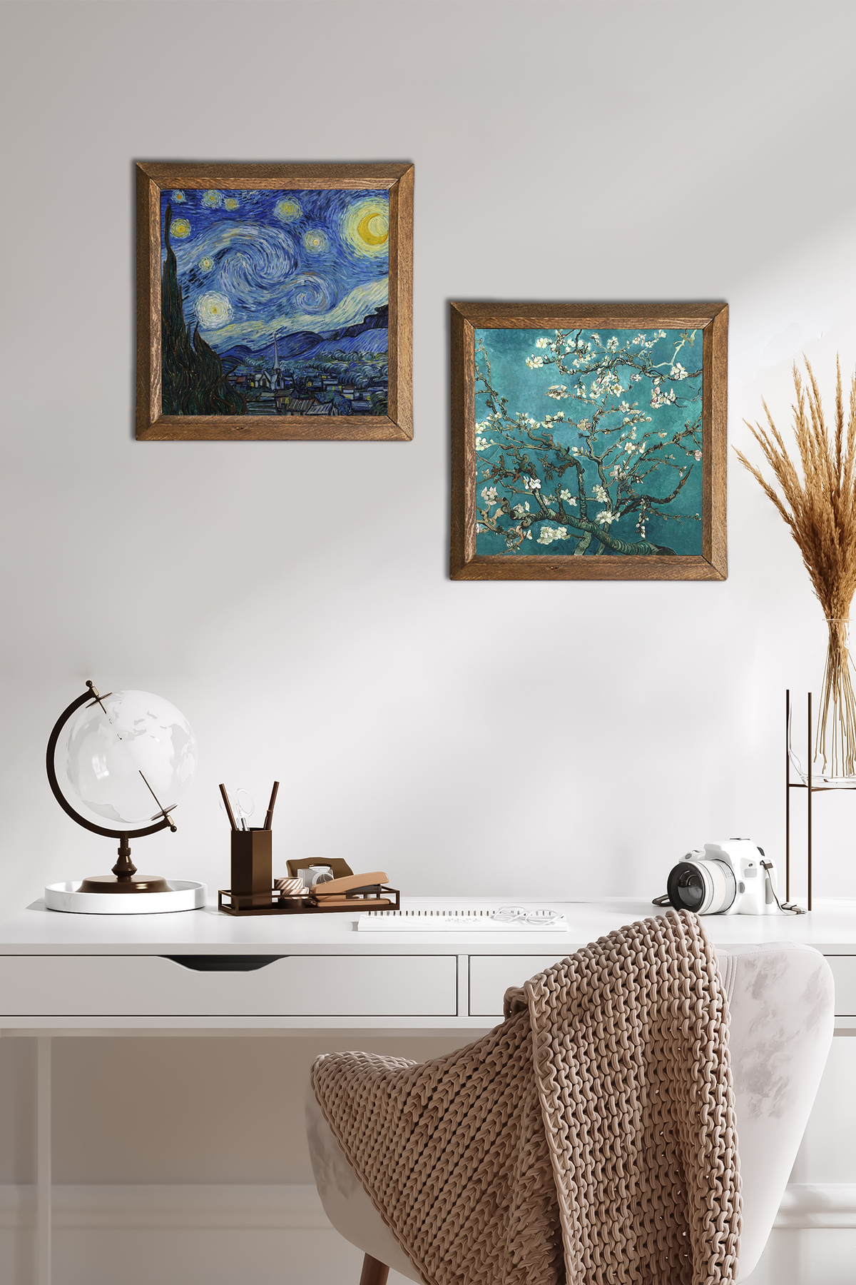 Van Gogh Starry Night, Almond Tree Stone Wall Table Wooden Framed Wall Decor - W2-370-