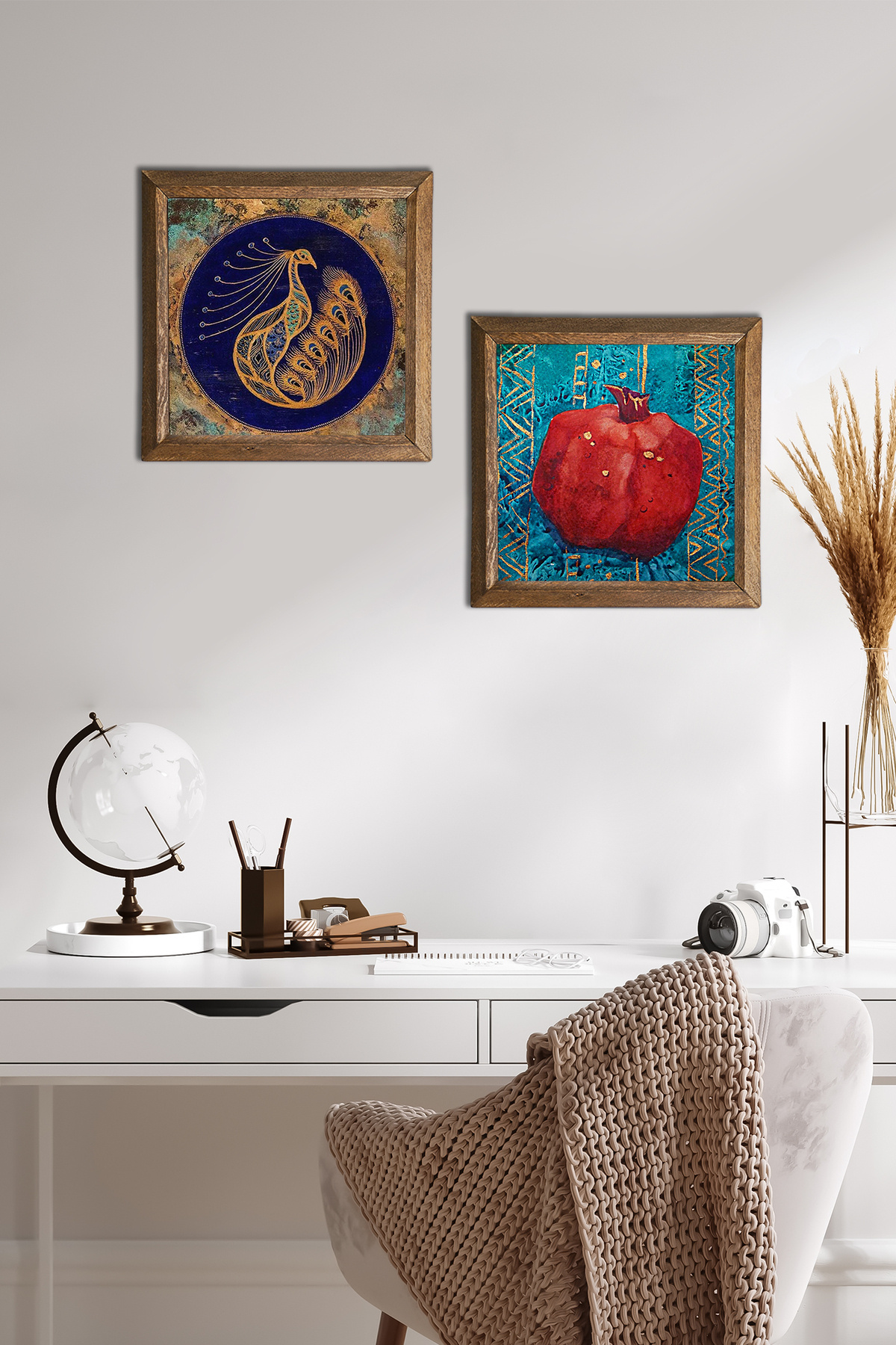 Pinecone Păun, Pictură Pe Perete Cu Piatră De Rodie Decor De Perete Cu Rame Din Lemn Set De Pictură Din 2 Piese Artă De Perete -w2-123- - 25 x 25