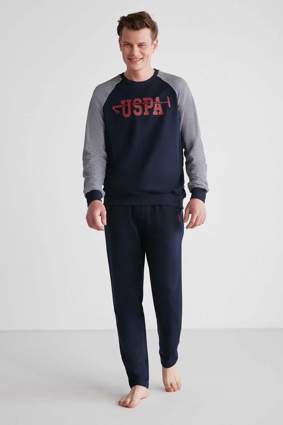 ست پیژامه آبی مردانه پایه. پولو اسن. لباس خواب آستین بلند یقه گرد U.S. Polo Assn.
