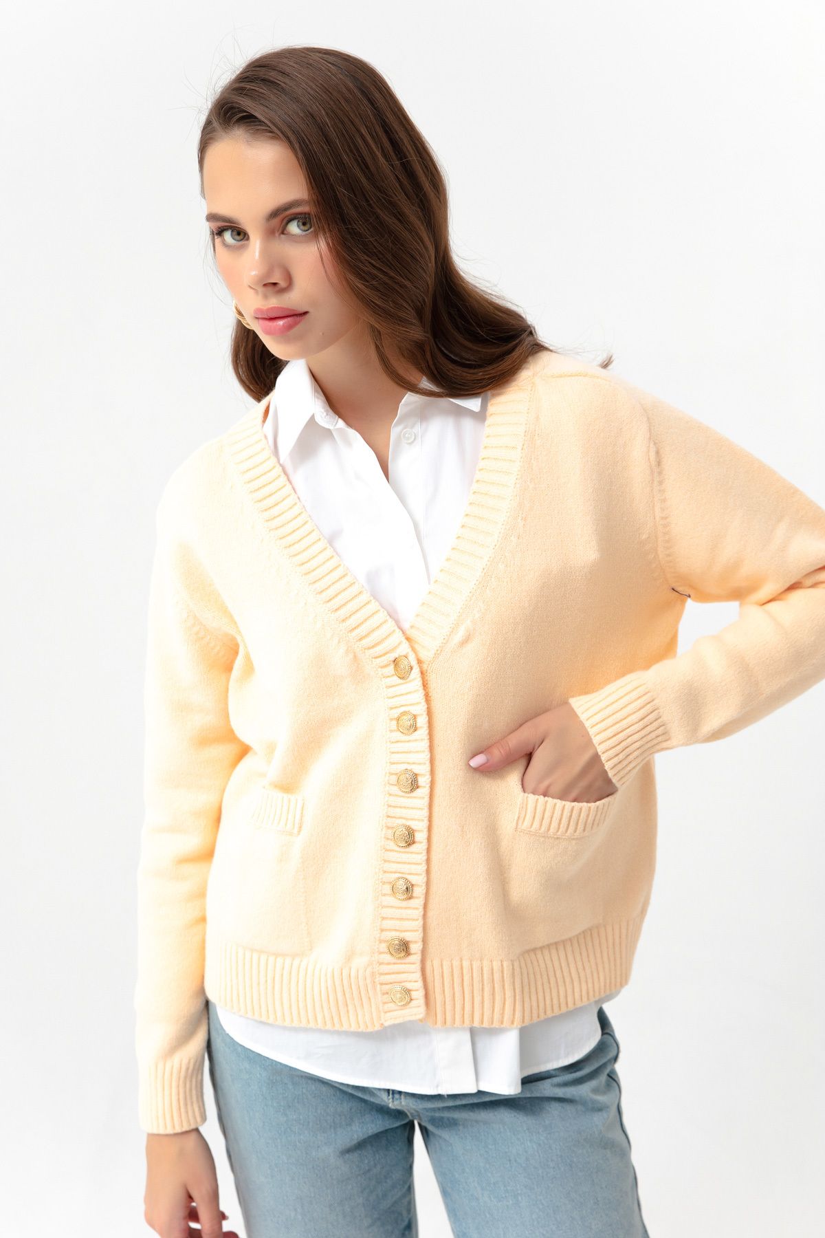 Lafaba Women s Salmon Gold Buttoned Knitwear Cardigan