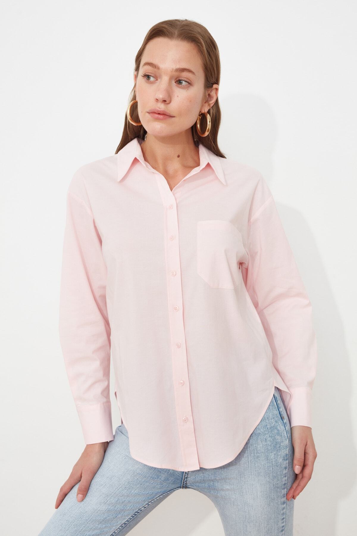  TRENDYOLM?LLA Pembe Tek Cepli Boyfriend/Geni? Kal?p Pamuklu Dokuma G?mlek