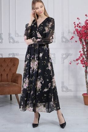 Kadın Siyah Kruvaze Yaka Çiçek Desenli Büyük Beden Elbise ELBISEDELISI-0056