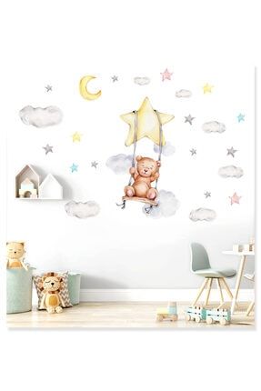 Salıncakta Sallanan Sevimli Ayıcık Bulut Ve Yıldızlar Çocuk Odası Duvar Sticker arcodu000000100