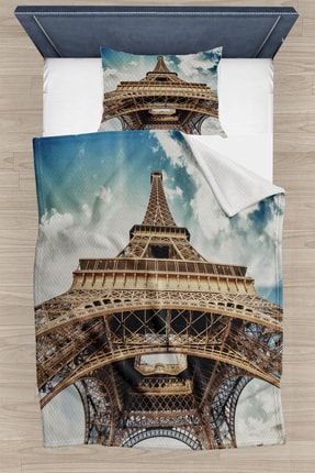 Paris Eyfel Kulesi Desenli Yatak Örtüsü Tek Kişilik Pike Takımı Ossotekpiken2