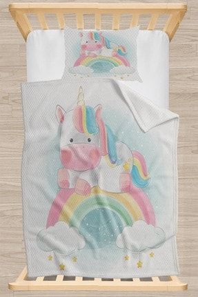 Renkli Unicorn Atlı Desenli Yatak Örtüsü Tek Kişilik Çocuk Pike Takımı elsepikecocu7