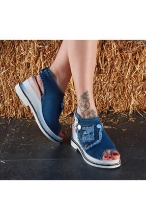 Kadın Mavi Kot Dolgu Topuklu Sandalet 5553-18032