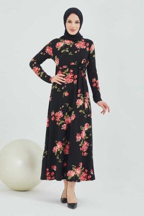 Kadın Siyah Çiçek Desenli Kuşaklı Elbise Ham611-2 HMHAM611-2