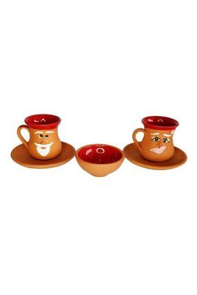 Yılbaşı Emojili 3 Lü Toprak Kahve Fincan Takımı Kırmızı (EL YAPIMI) emojinoel