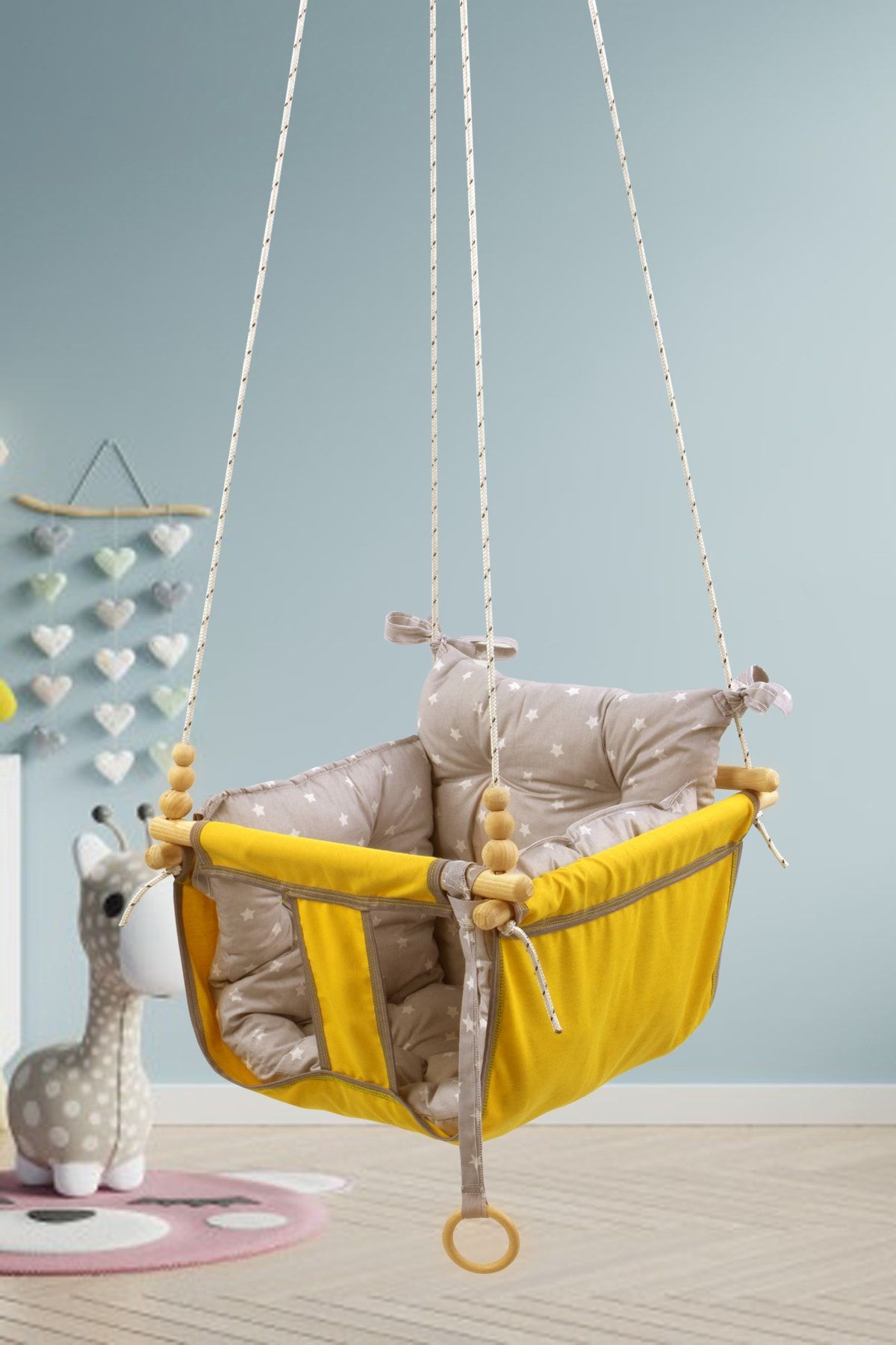 Wag Swing Sarı Çocuk Ahşap Bebek Hamak Ev Tavan Bahçe Salıncağı