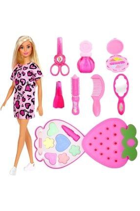 Oyuncak Bebek + Çilek Sürülebilir Makyaj Seti + Aksesuar Barbie Şık Elbiseli Bebek