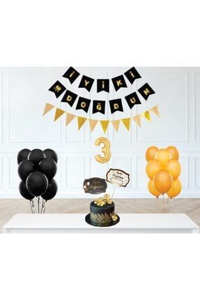 3 Yaş Iyi Ki Doğdun Siyah Gold Banner Balonlu Set 3YİKDSGBS