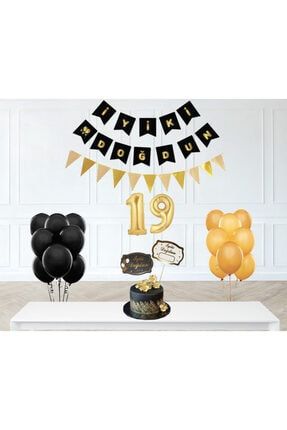 19 Yaş Iyi Ki Doğdun Siyah Gold Banner Balonlu Set 19YİKDSGBS