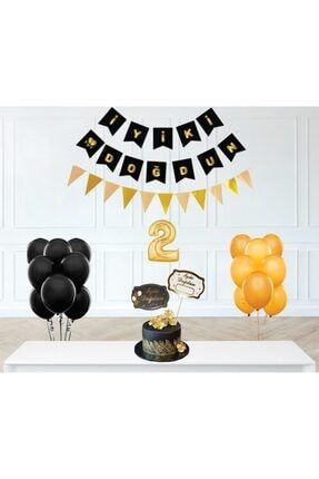 2 Yaş Iyi Ki Doğdun Siyah Gold Banner Balonlu Set 2YİKDSGBS