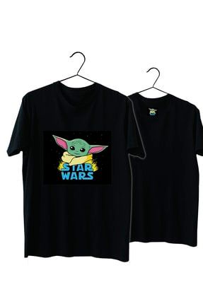 Erkek Siyah Starwars Yoda Baby Normal Kalıp Pamuk Tişört vectorwear1037210025