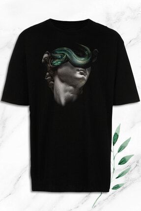 Unisex Oversize Mitoloji Heykel Baskılı Siyah T-Shirt OVR 22