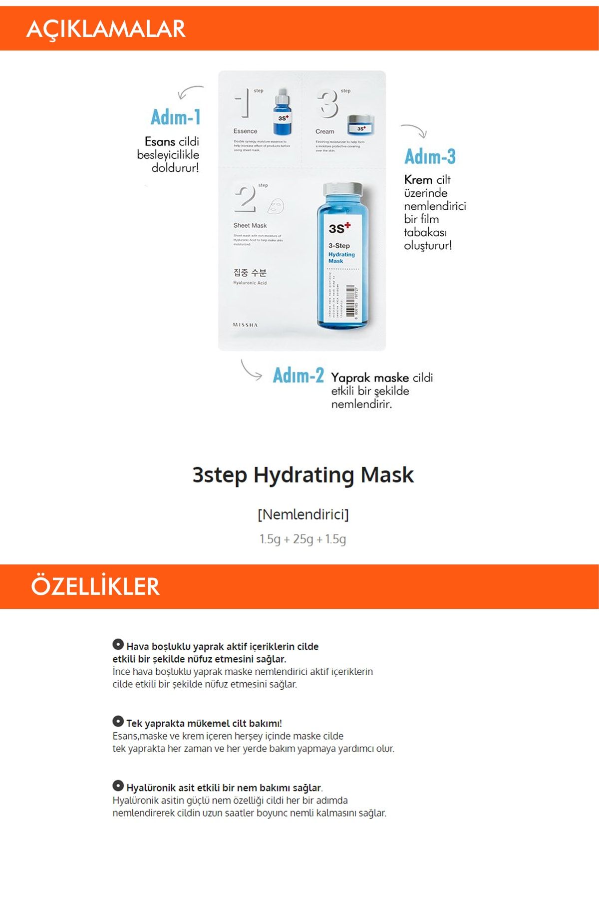 Missha 3 Aşamalı Yoğun Nemlendirici Maske (15g) 3 step Hydrating Mask ZO9072
