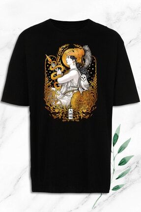 Oversize Mitoloj Tanrıça Athena Heykel Baskılı Tişört OVR 48