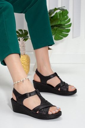 Kadın Hakiki Deri Siyah Comfortabl Günlük Dolgu Topuk Sandalet Ayakkabı Artı-Artı012-0032-1