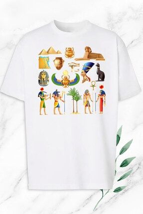 Unisex Beyaz Oversize Mitoloji Antik Mısır Baskılı Tişört OVR 27