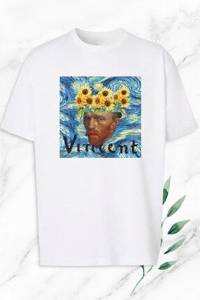 Unisex Beyaz Oversize Art Vincent Van Gogh Ayçiçek Baskılı Tişört OVR 35
