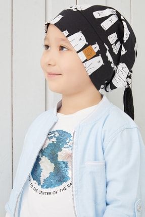 Erkek Çocuk Siyah Beyaz Figürlü Ip Detaylı 4 Mevsim Şapka Bere Buff -yumuşak Doğal Penye BG850E02