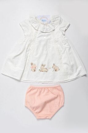 Tavşan Desenli Bebe Yaka Pamuk Saten Kız Bebek Yazlık Beyaz Elbise Somon Külot Set MB-00517