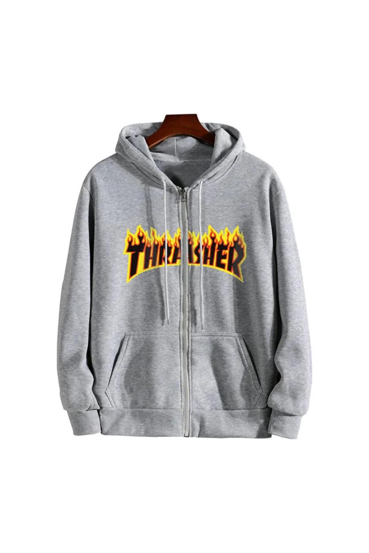 Touz-Cardigan cu glugă unisex, gri supradimensionat, imprimat Thrasher 2