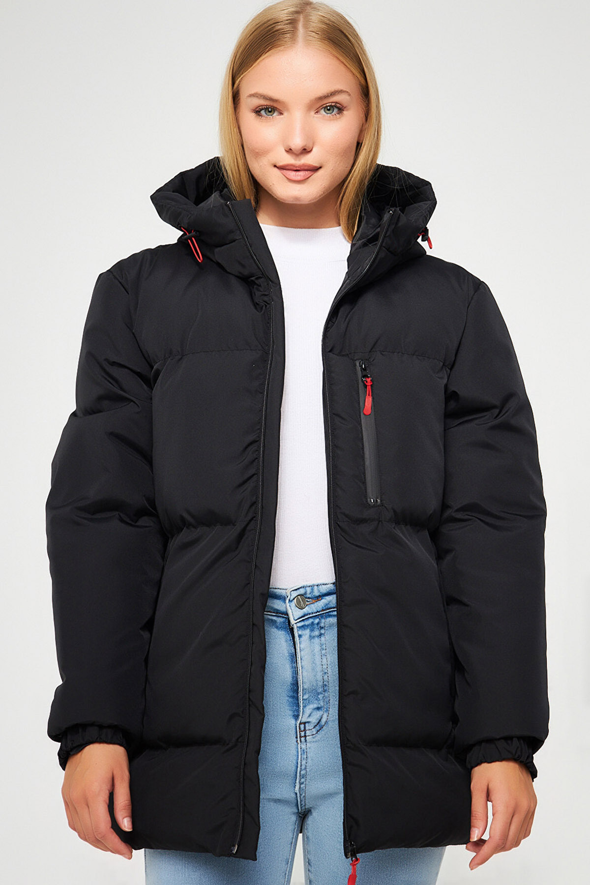 CoolLook Büyük Beden Su ve Rüzgara Dayanıklı Kapüşonlu İç ve Dış Cepli Uzun Kollu Rahat Kalıp Şişme Mont