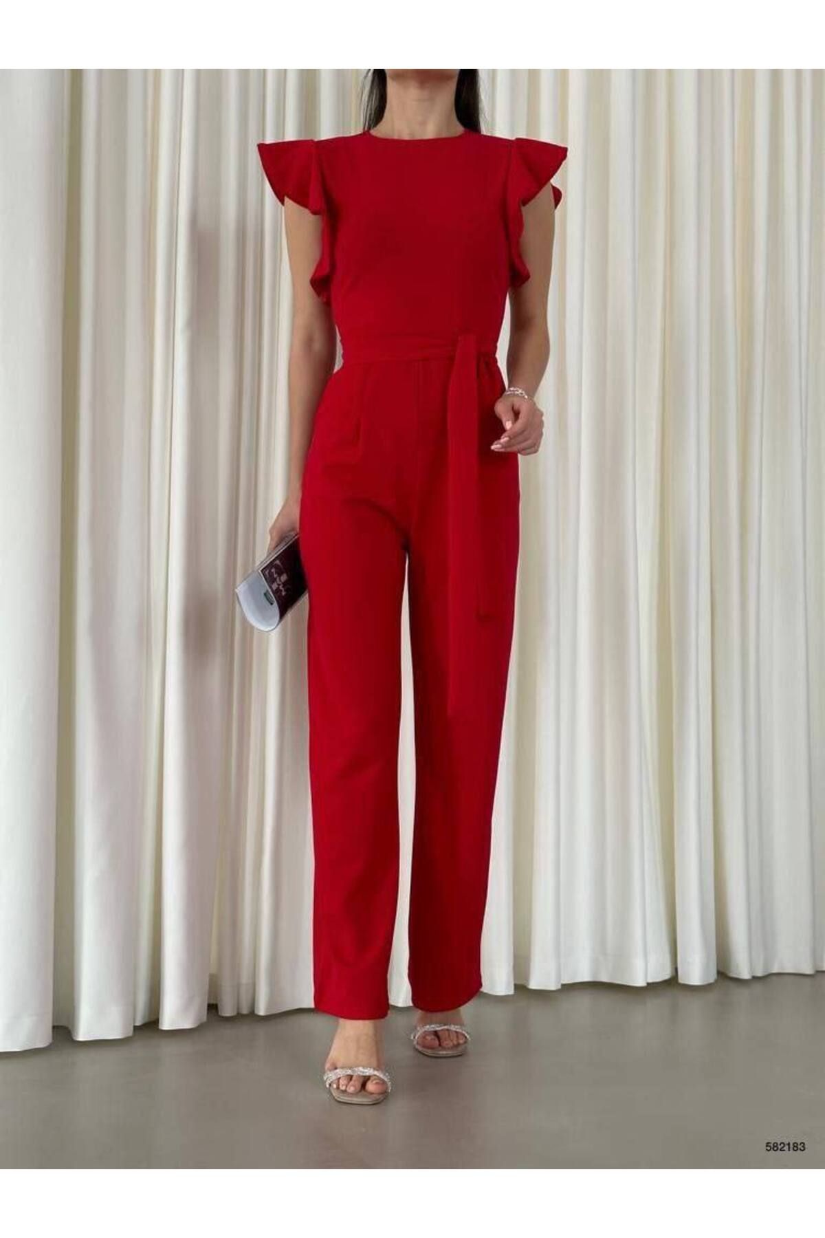 ModaLy Moda FLEXIBLE CREPE FABRIC RED COLOR POCKET DETAIL BELT EVENING JUMPSUIT GL 705 582183