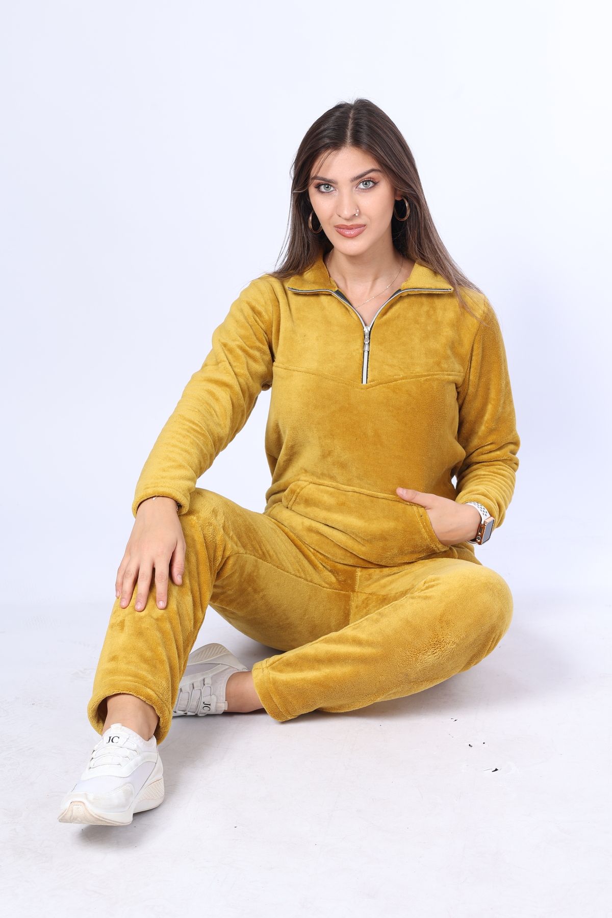 mervemoda-Set dublu de trening din țesătură de înaltă calitate, cu fermoar, guler muștar pentru femei 8