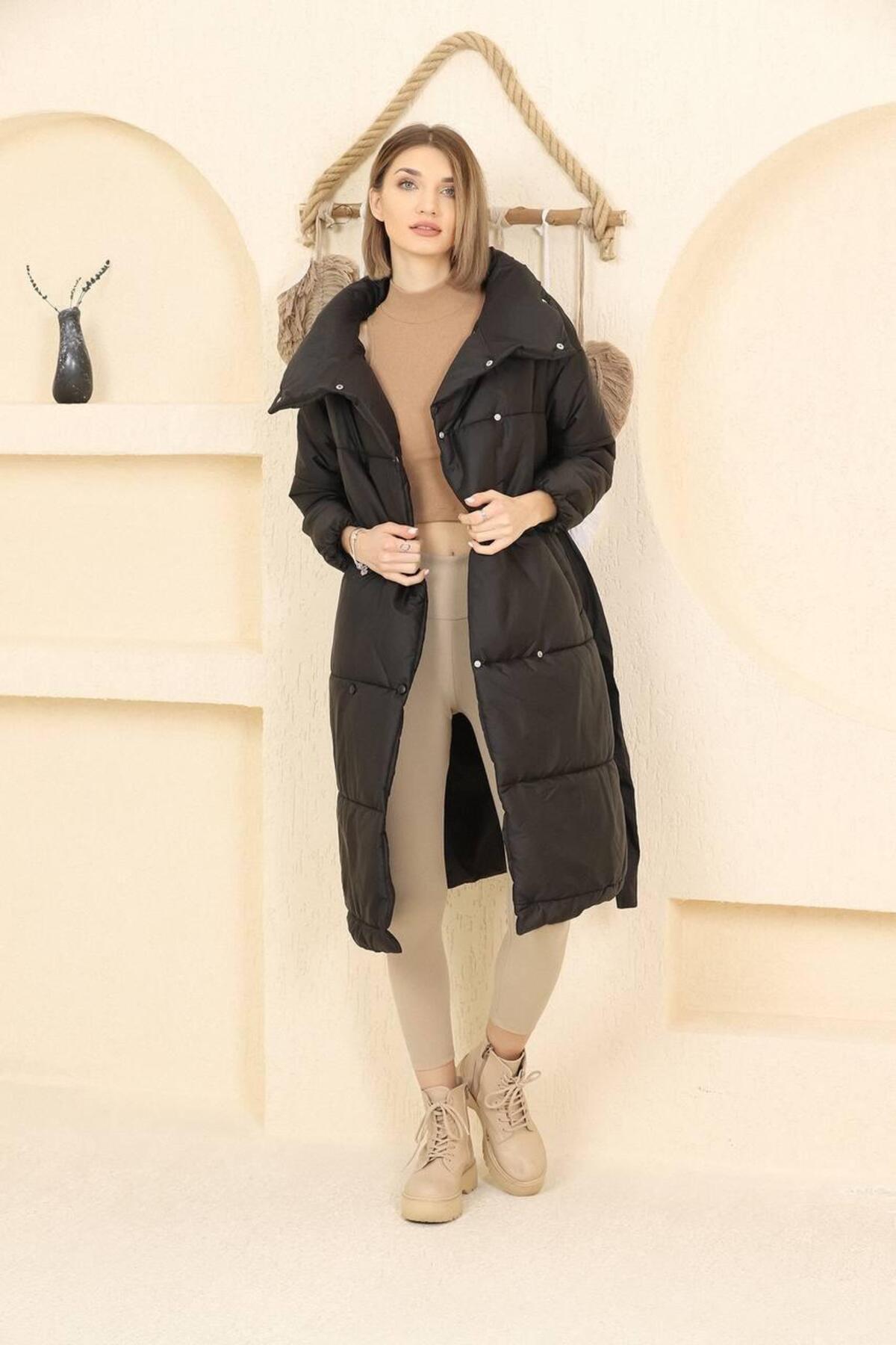 BY DİLEK ÇETİN ACCESSORY  Kadın midi boy siyah şişme mont