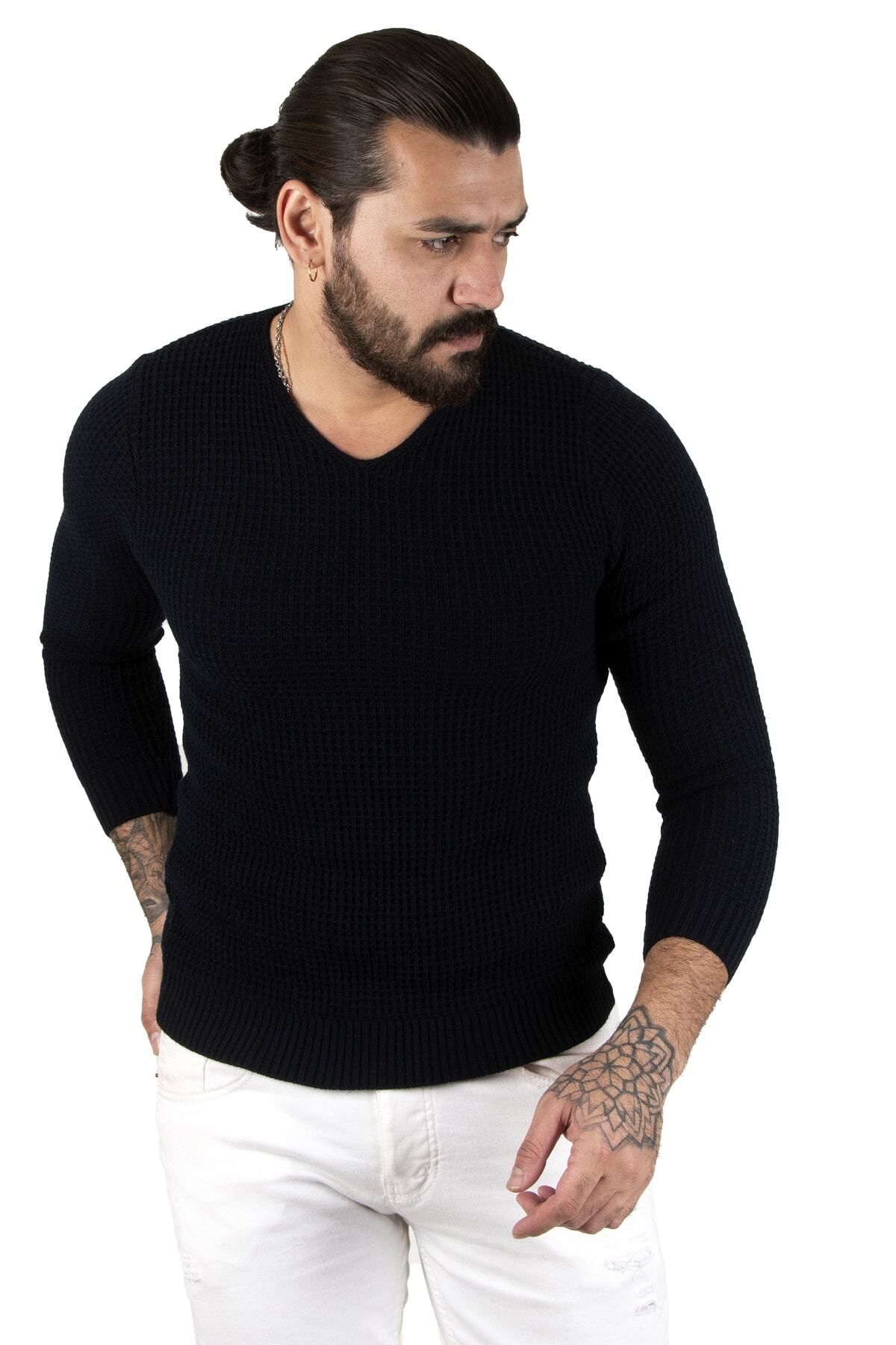 ژاکت بافتنی مردانه یقه V شکل با طرح آبی سرمه ای 2300341 DeepSea