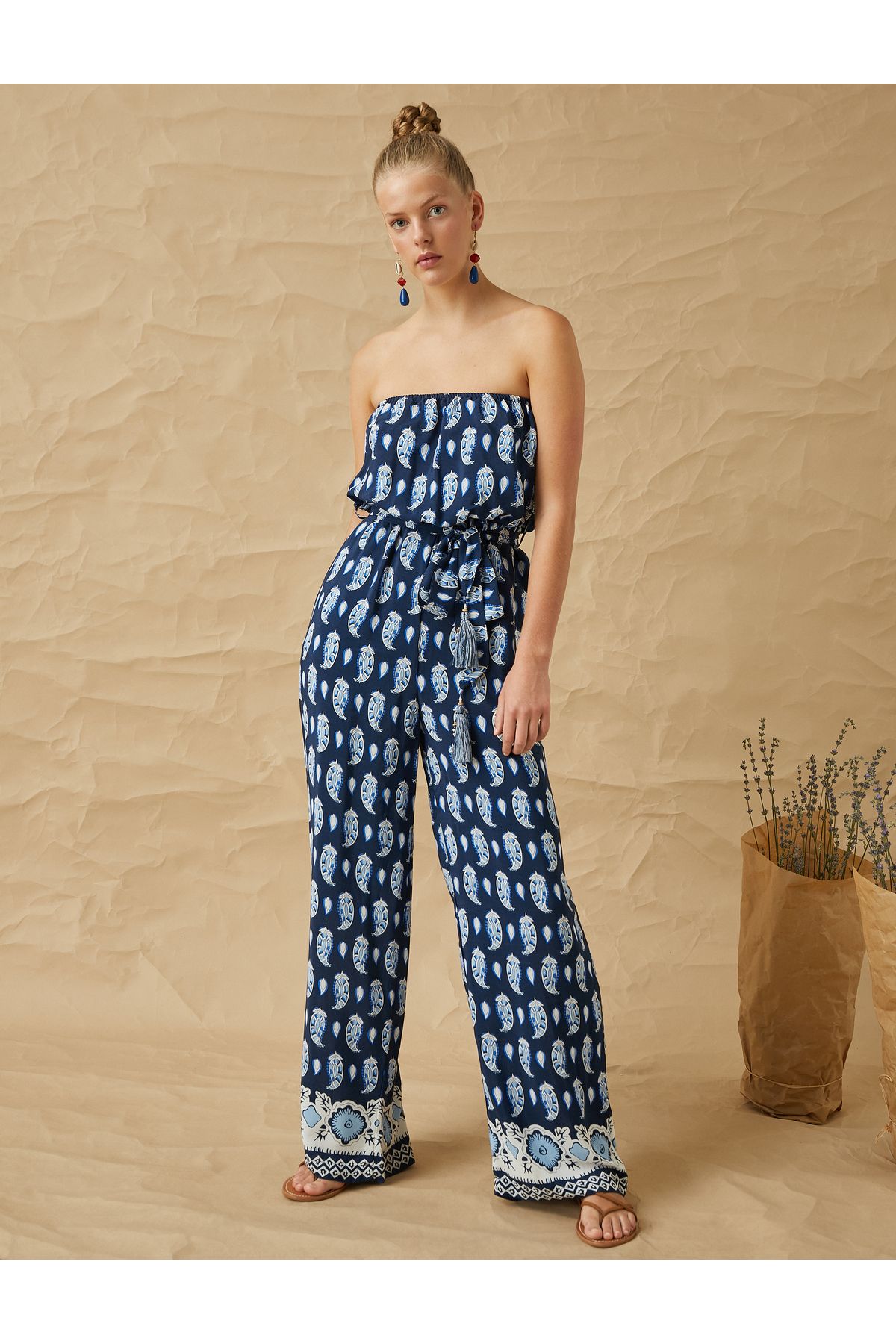 Koton Printed Belted Strapless Jumpsuit Trendyol