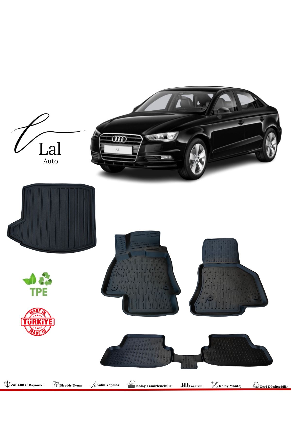 Lal Audi A3 Sedan 2013-2019 3d Havuzlu Paspas Bagaj Havuzu Seti