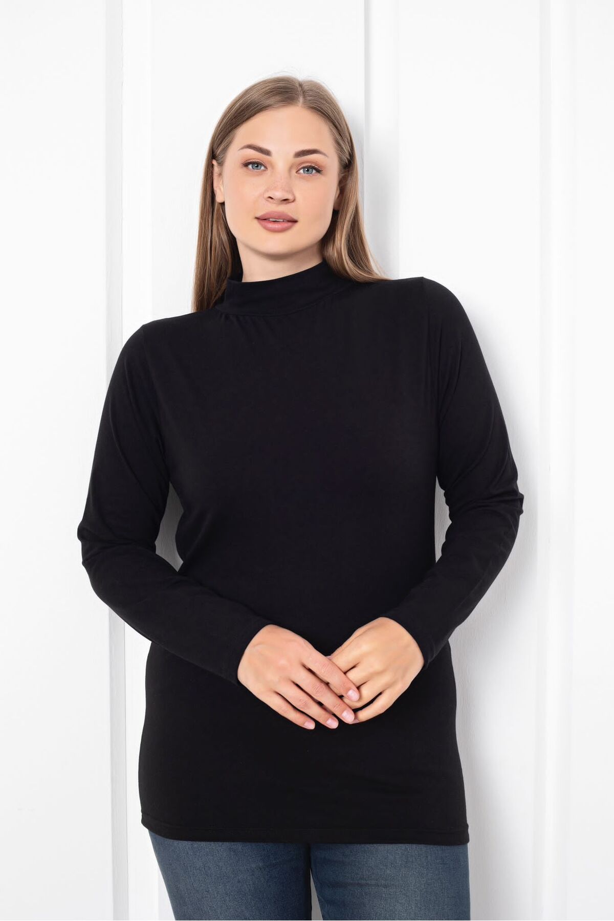 Trendbade Butik  Kadın Siyah Büyük Beden Yarım Balıkçı Yaka Body