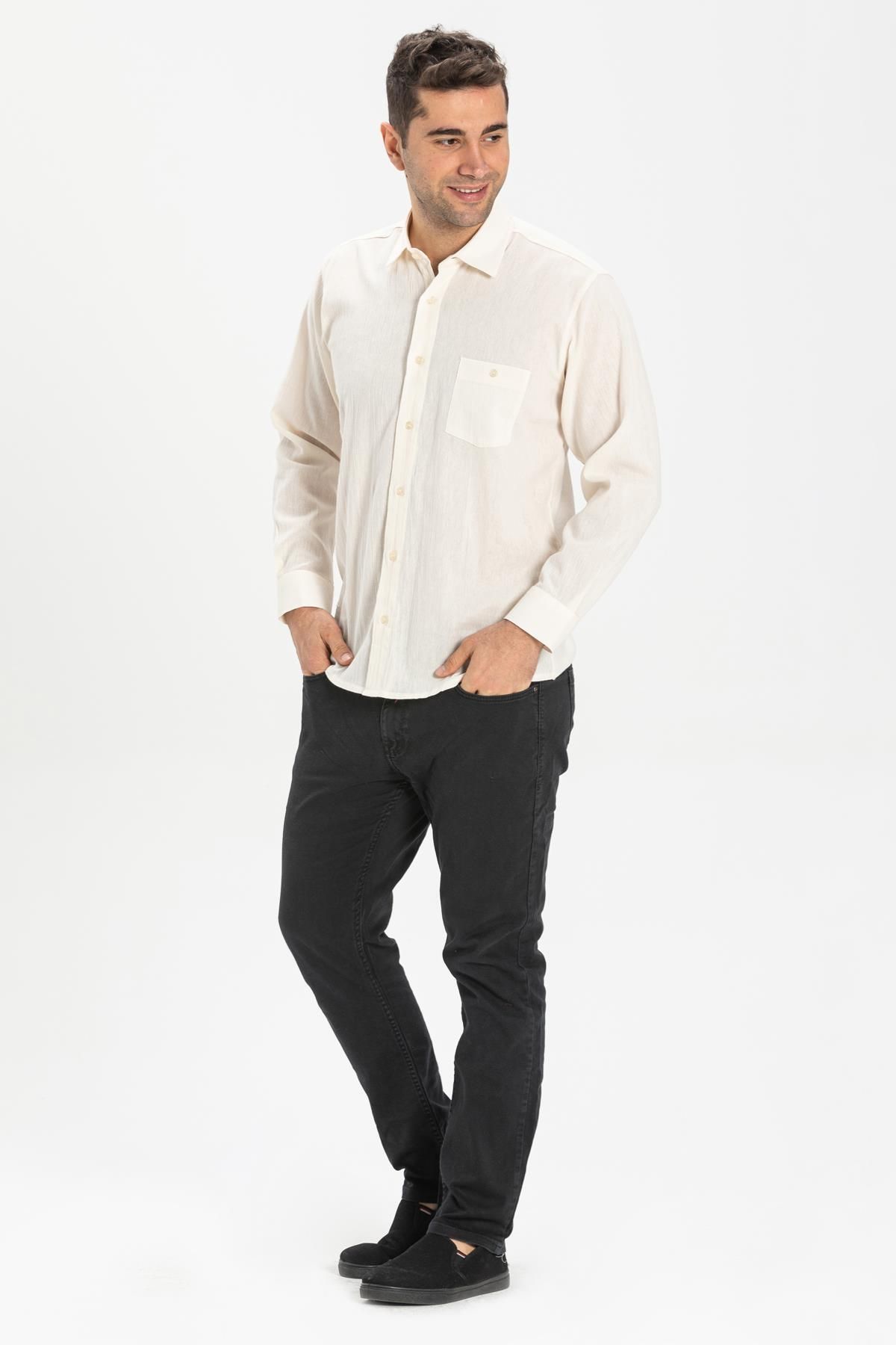 Eliş Şile Bezi کرم پیراهن مردانه آستین بلند تک جیب شیله پارچه ای سایز بزرگ 3002