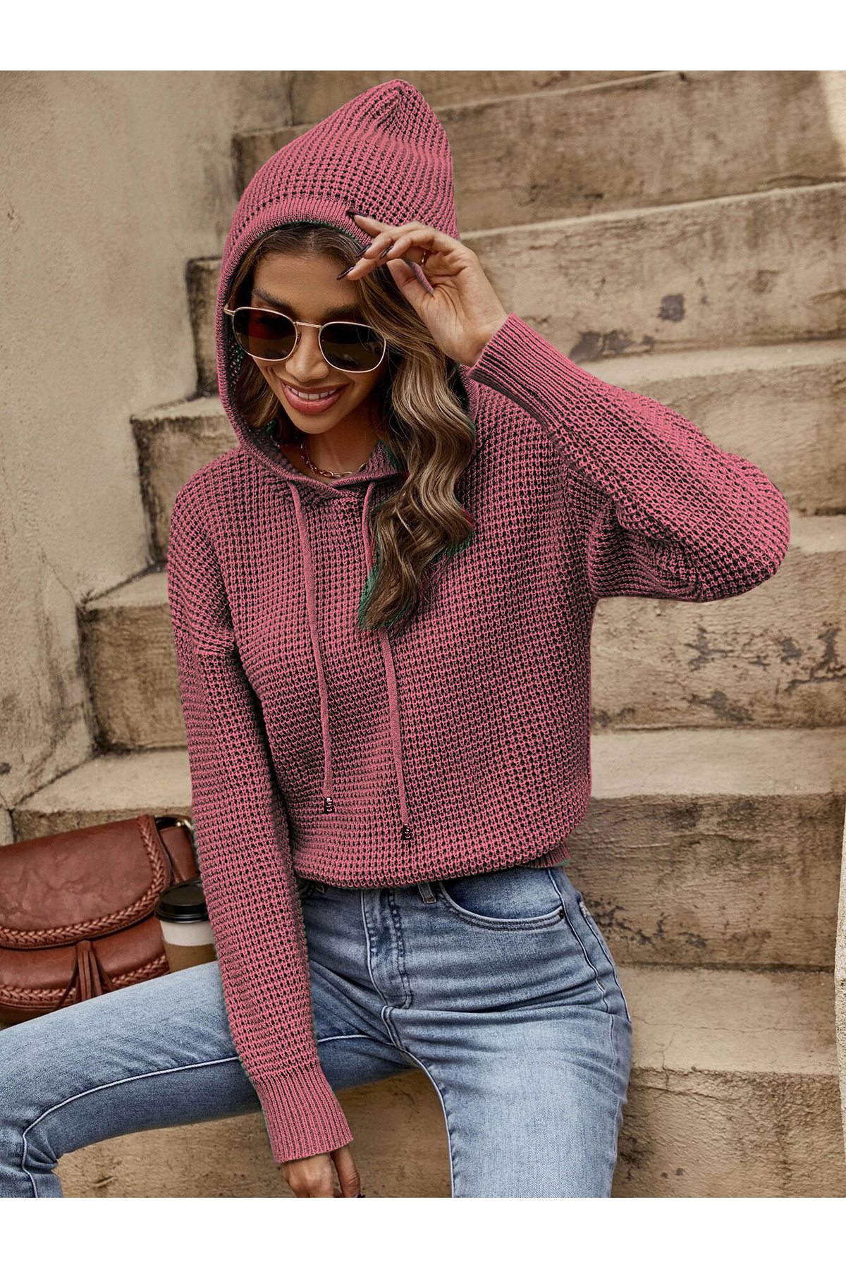 Women's Hooded Knitted Long Sleeve Sweatshirt Knitwear Sweater CINNAMON