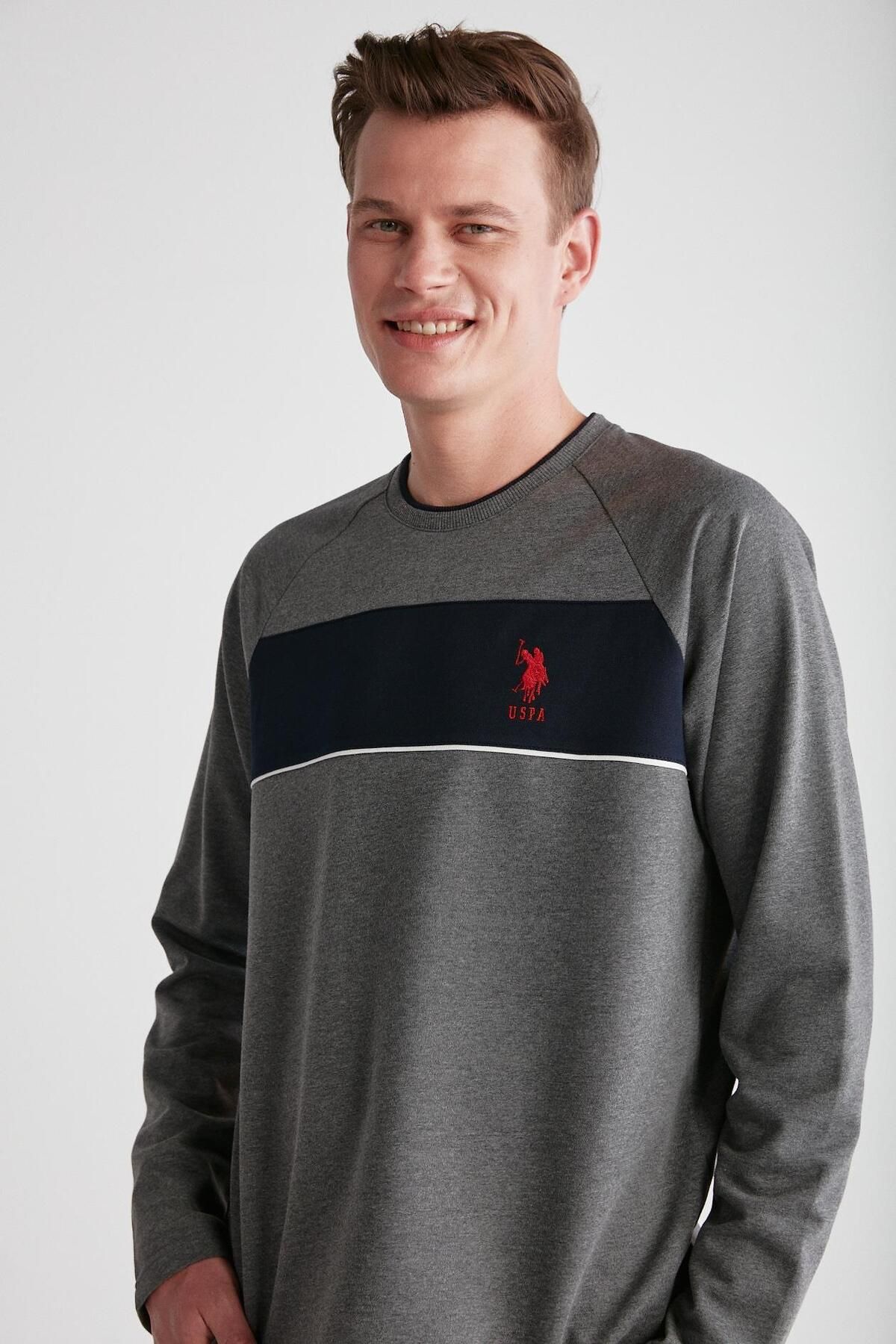 ست پیژامه خاکستری مردانه لباس خواب یقه گرد آنتراسیت ملانژ U.S. Polo Assn.