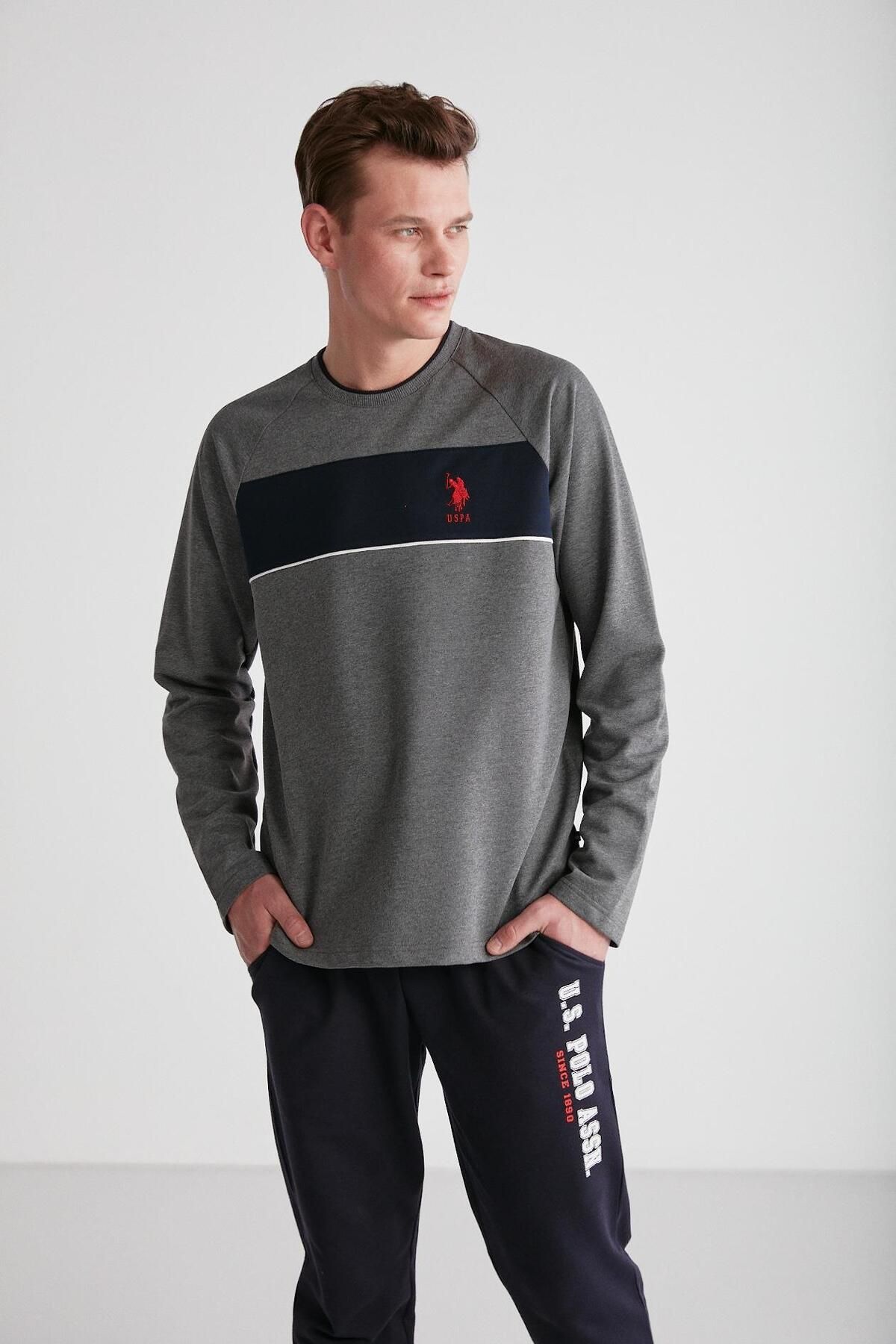 ست پیژامه خاکستری مردانه لباس خواب یقه گرد آنتراسیت ملانژ U.S. Polo Assn.