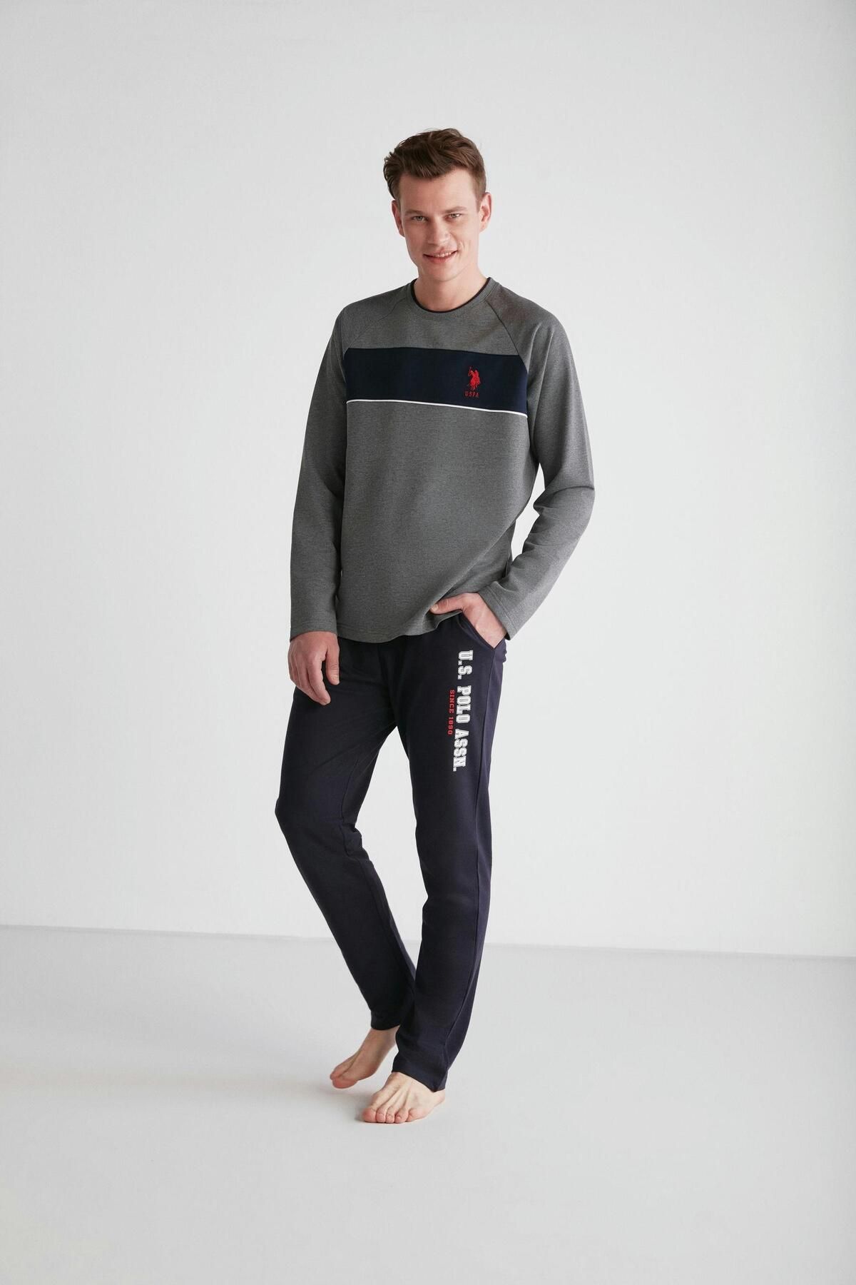 ست پیژامه خاکستری مردانه لباس خواب یقه گرد آنتراسیت ملانژ U.S. Polo Assn.