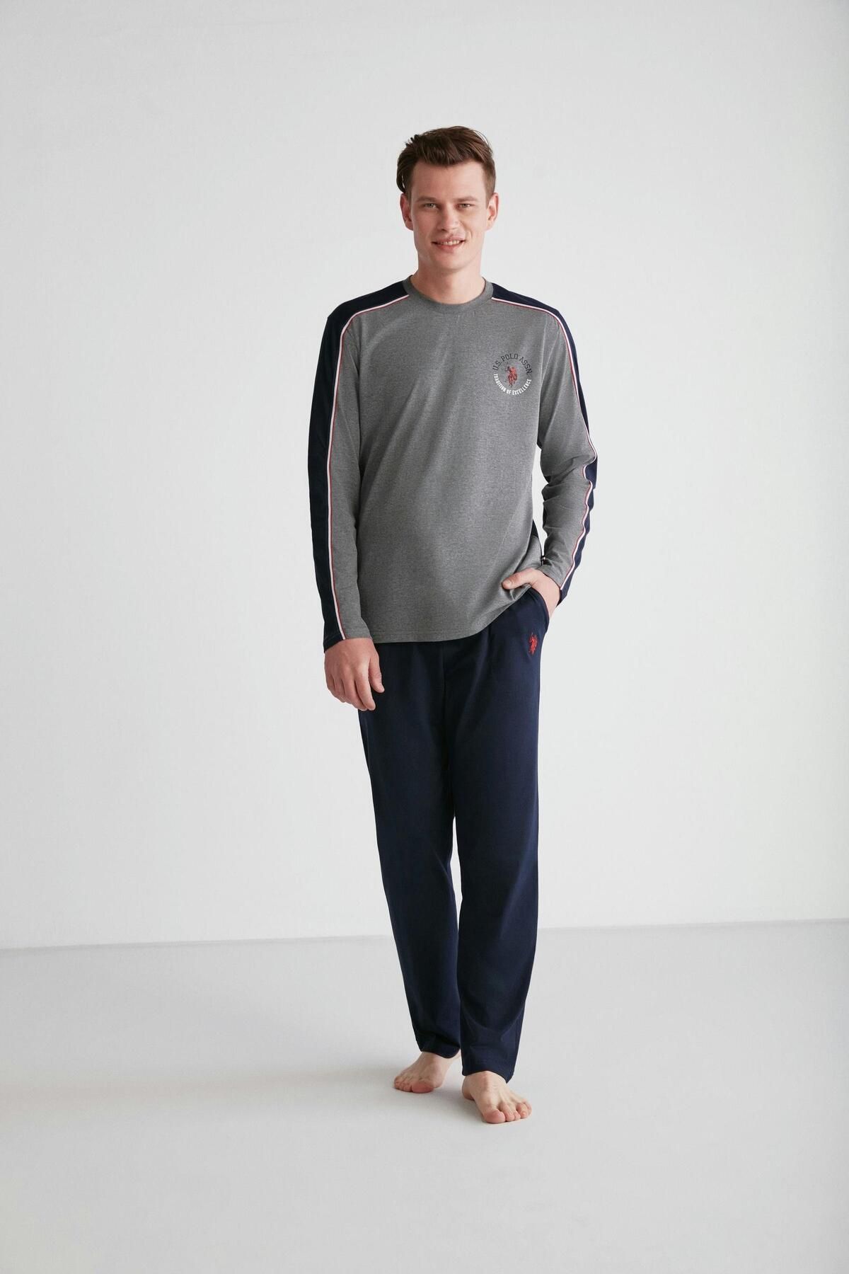 ست پیژامه خاکستری مردانه لباس خواب یقه گرد آنتراسیت ملانژ U.S. Polo Assn.