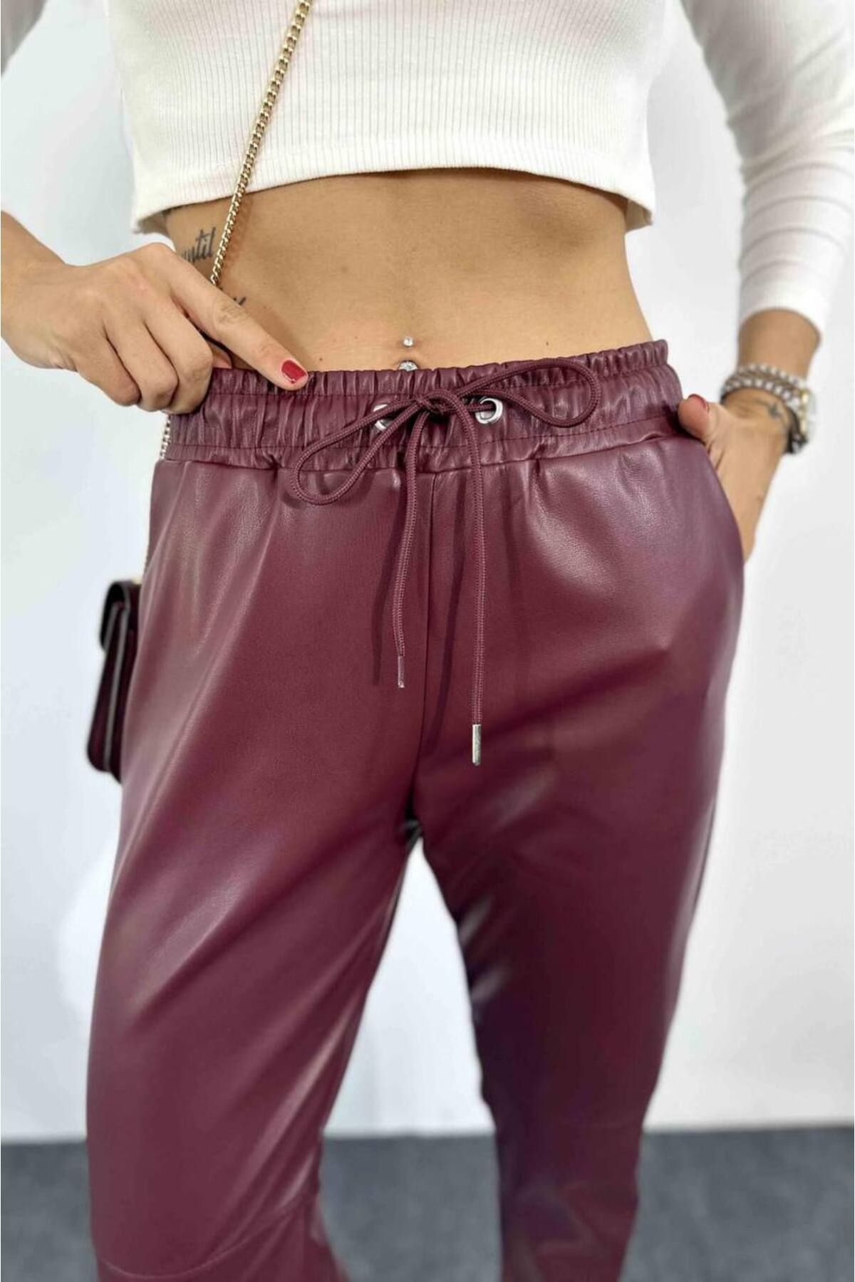 Burgundy store leather joggers