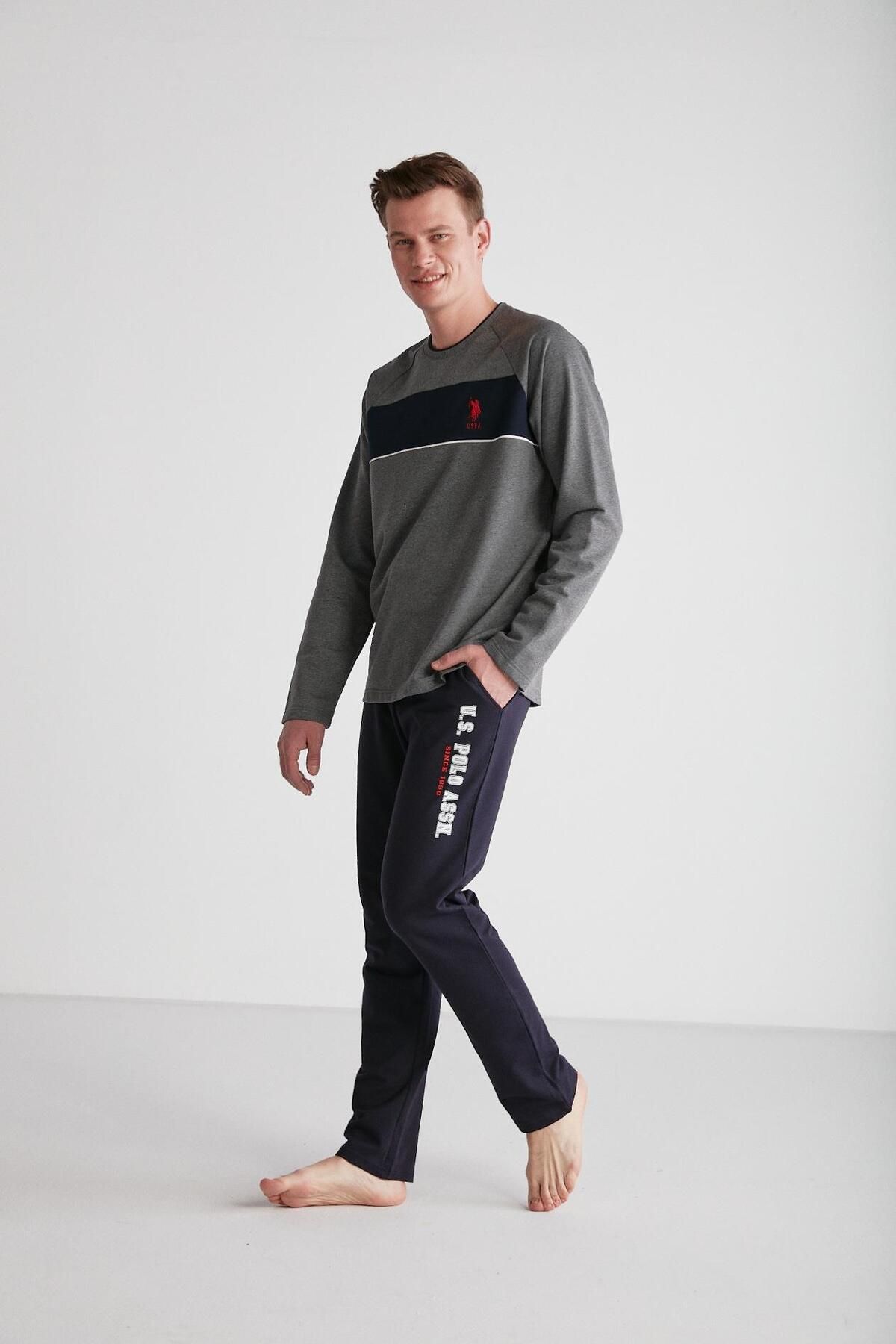 ست پیژامه خاکستری مردانه لباس خواب یقه گرد آنتراسیت ملانژ U.S. Polo Assn.