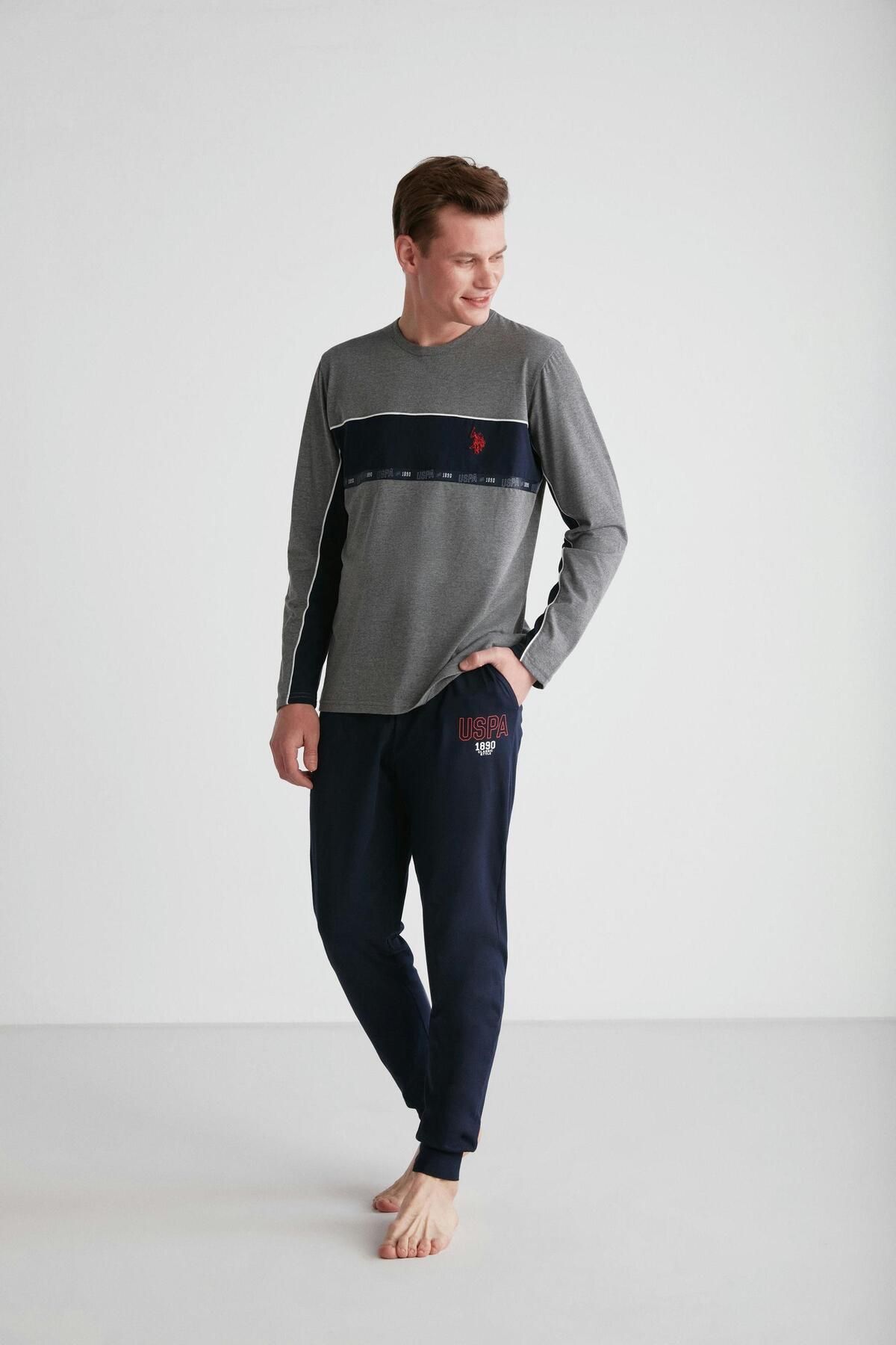 ست پیژامه خاکستری مردانه لباس خواب یقه گرد آنتراسیت ملانژ U.S. Polo Assn.