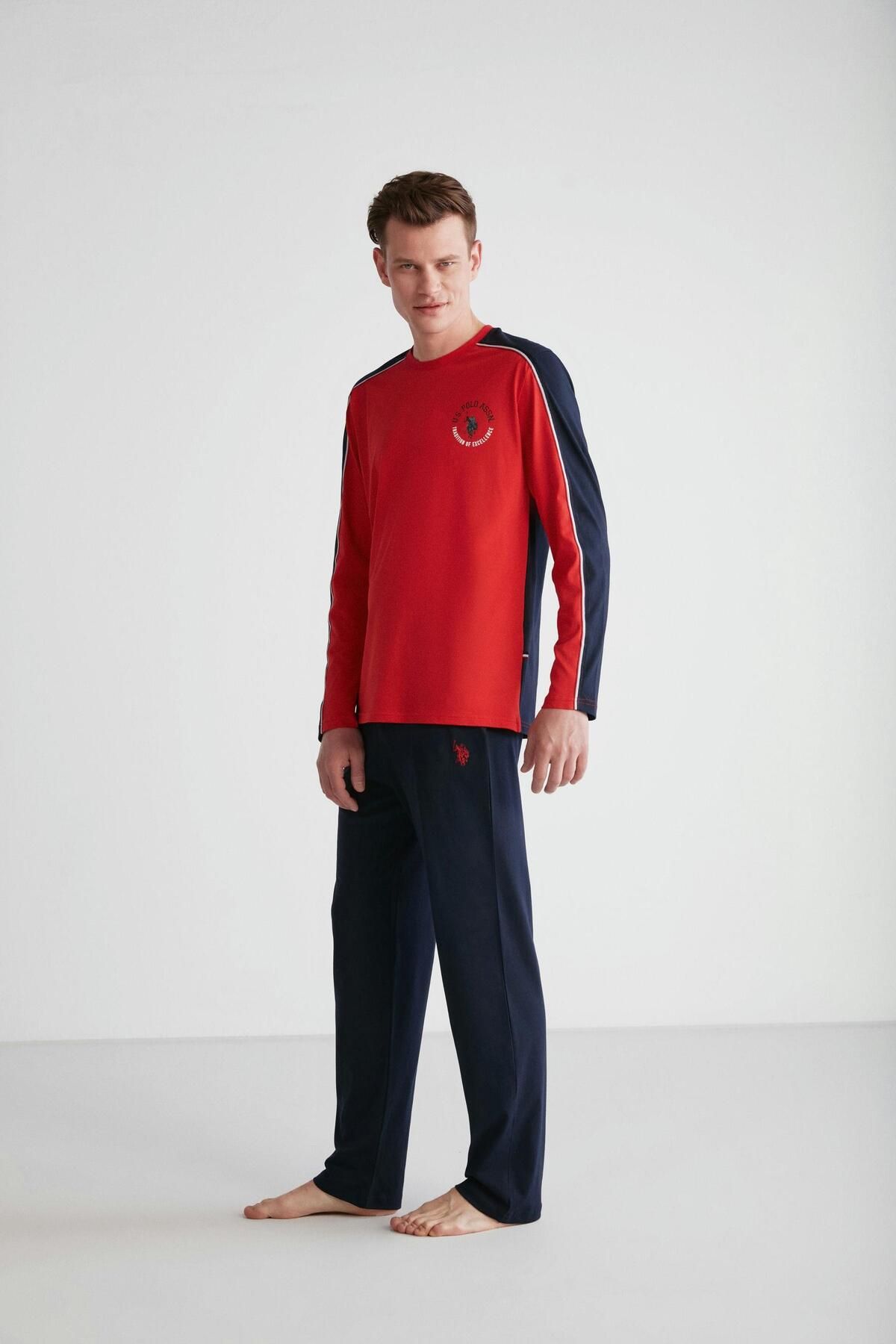ست پیژامه قرمز مردانه لباس خواب یقه گرد U.S. Polo Assn.