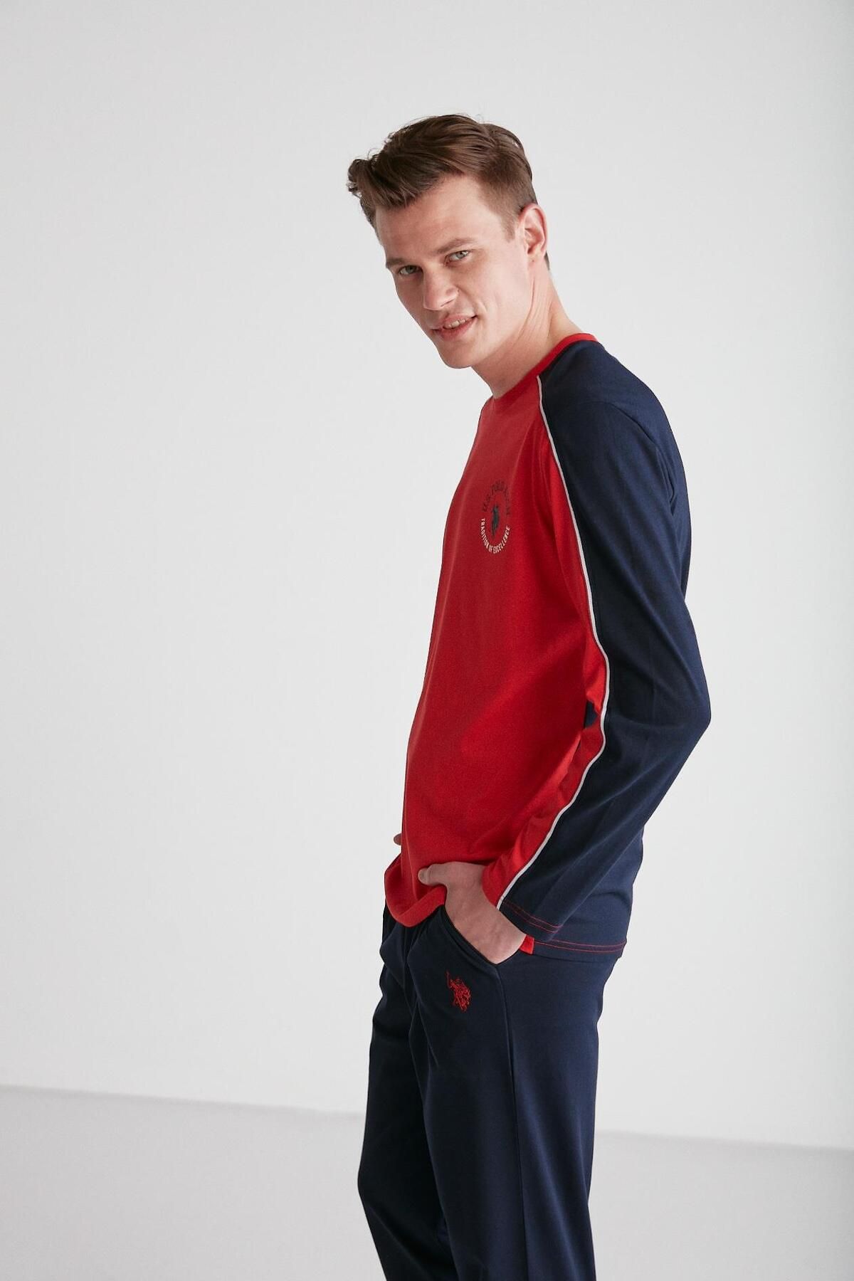 ست پیژامه قرمز مردانه لباس خواب یقه گرد U.S. Polo Assn.