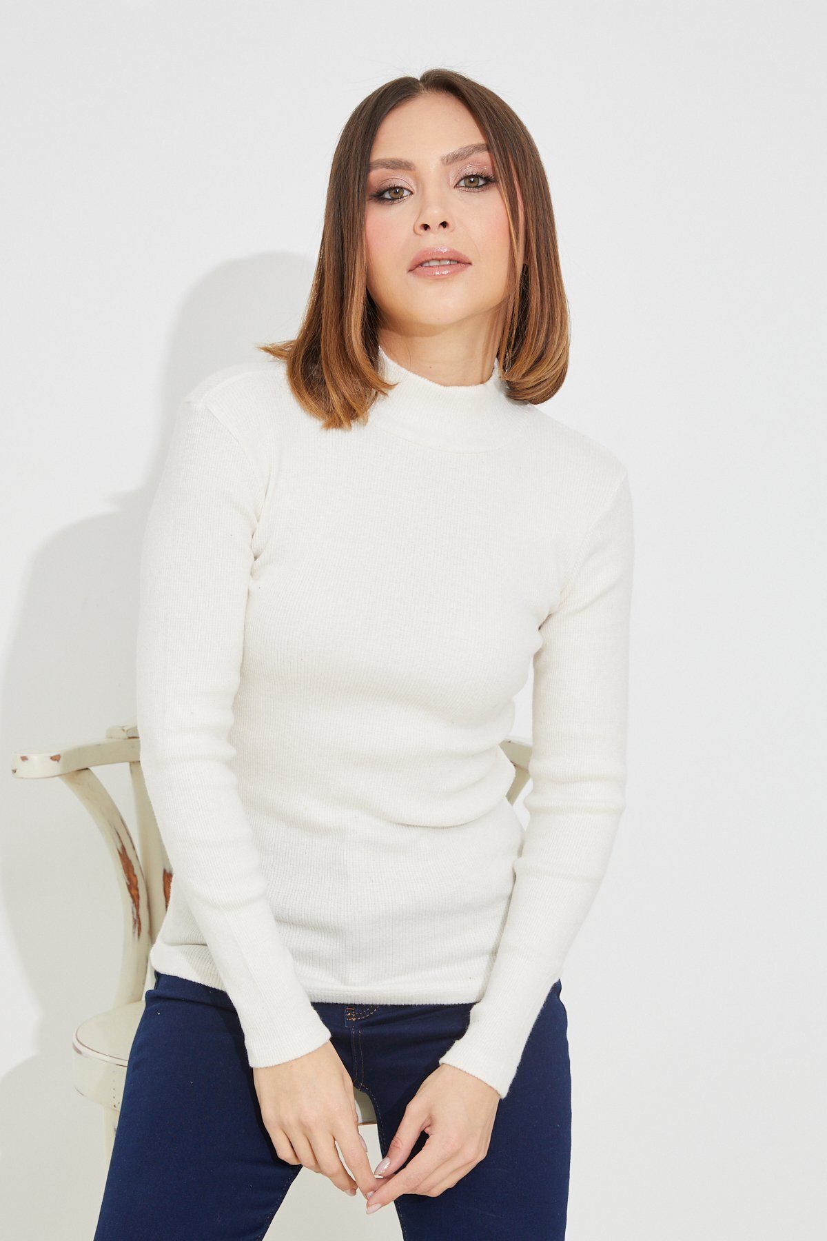 KaSheHa Cream High Collar Camisole Turtleneck Thin Ribbed Knitwear Sweater