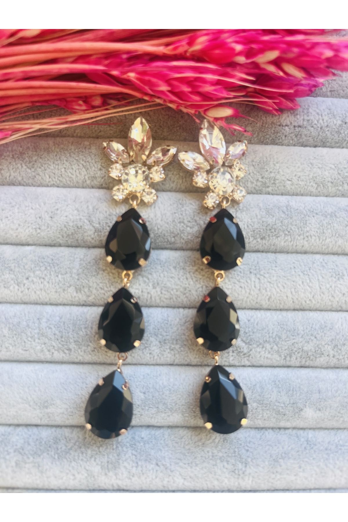 COCOSH TAKI Black Crystal Stone Drop Model Long Design Evening