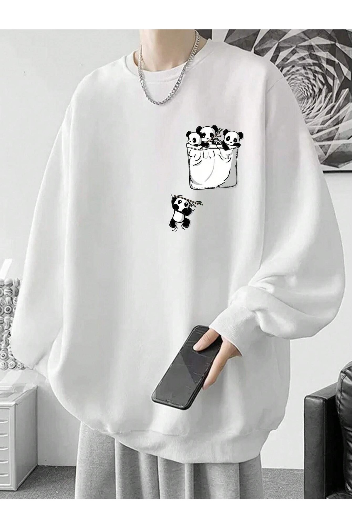 Men's White Falling Pandas Printed Oversized Crew Neck Sweatshirt