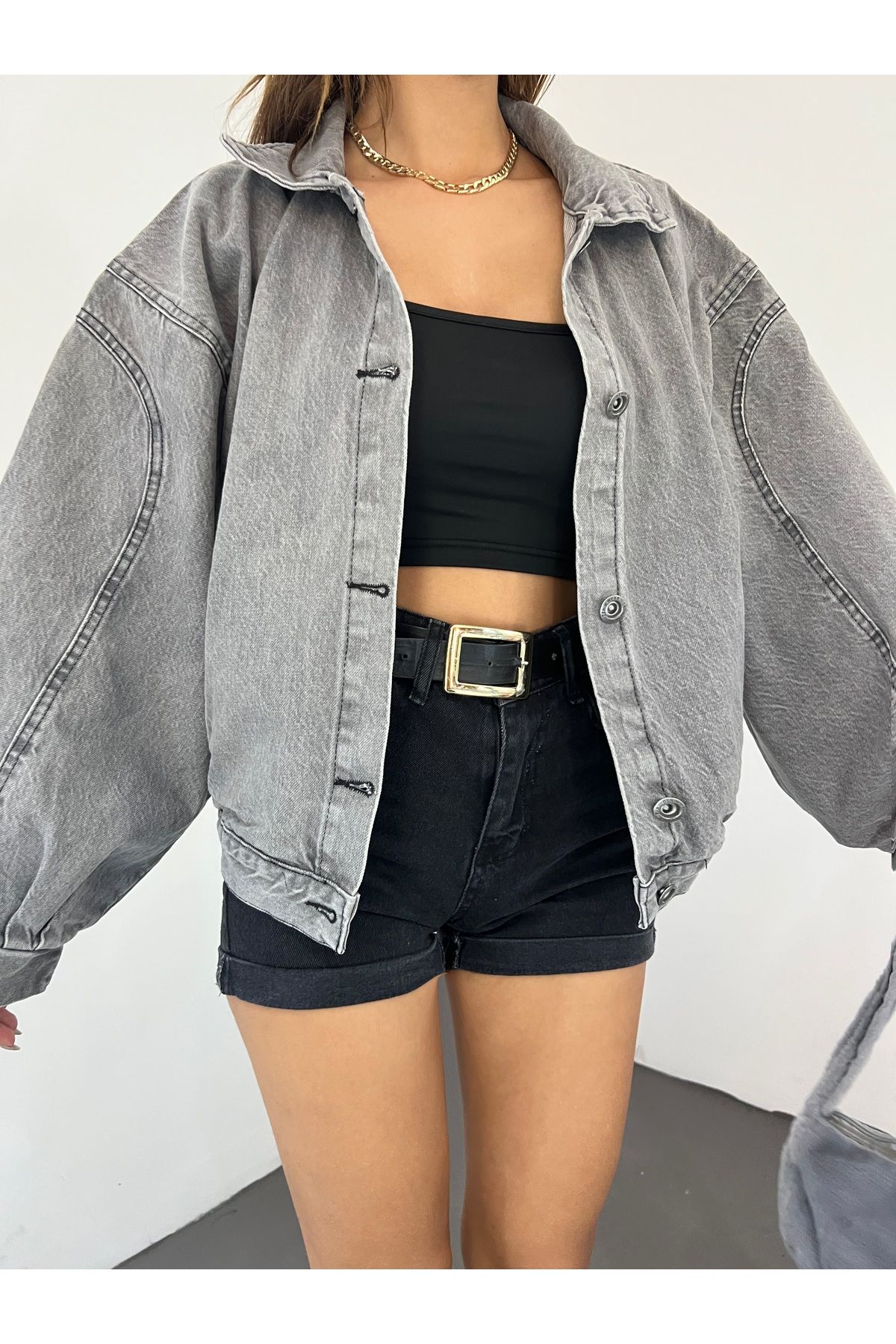 Fav Style Women s Balloon Sleeve Oversize Double Pocket Denim